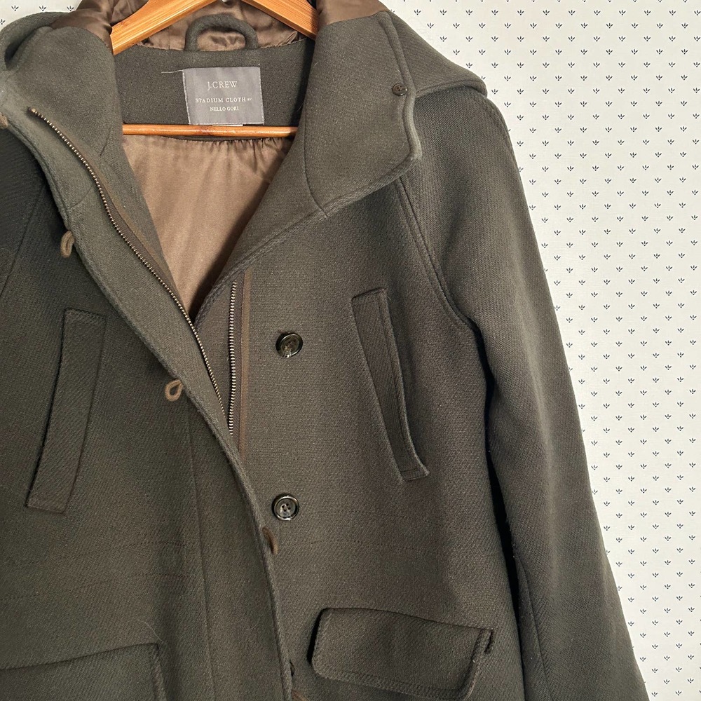 J. Crew Hooded Stadium Cloth Nello Gori Wool Coat 10 Olive Green J.Crew Peacoat - Picture 2 of 5